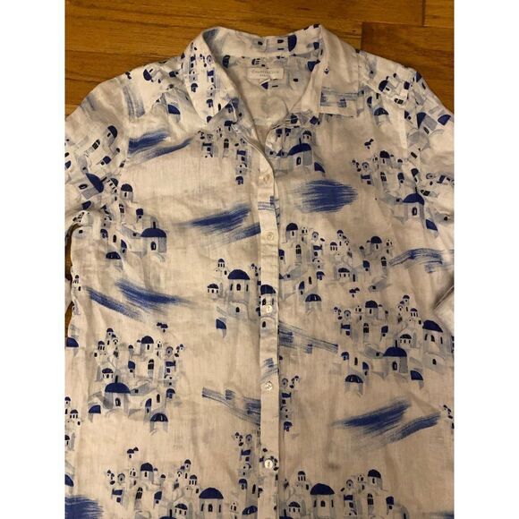 Charter Club women white rolled sleeve pattern linen button down collared top PL - Picture 4 of 9